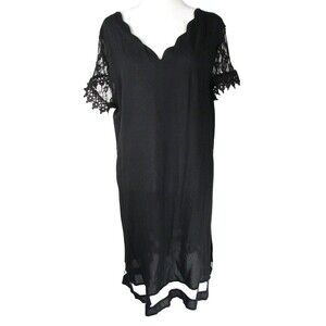 Black Knee Length Dress Lace Sleeves Sculpted Neckline Peak A Boo Hem R166
